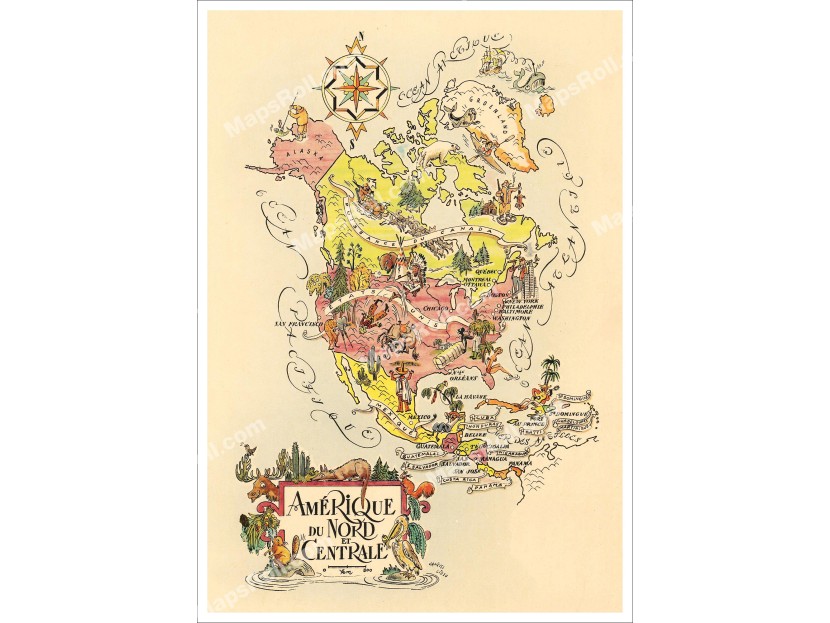 North and Central America Map 1951 Jacques Liozu